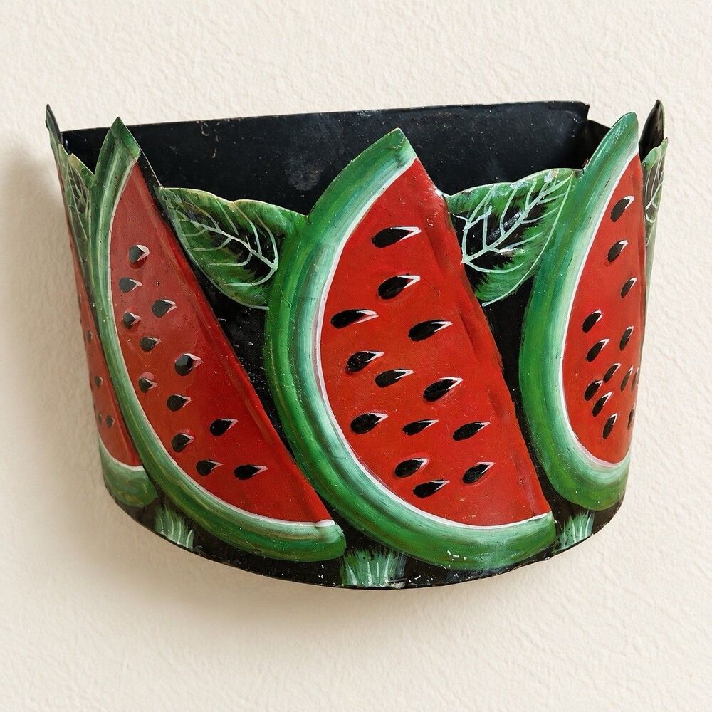 India Vintage 1950s MCM Wall Mounted Watermelon Painted Metal Planter Small